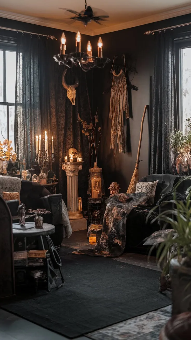In this dimly lit realm, where gothic elegance meets witchy charm, the air hums with an ancient magic. A skull observes silently, a testament to time's passage, while the warm glow of a chandelier casts dancing light across the room. A perfect space for brewing potions and dreaming impossible dreams.