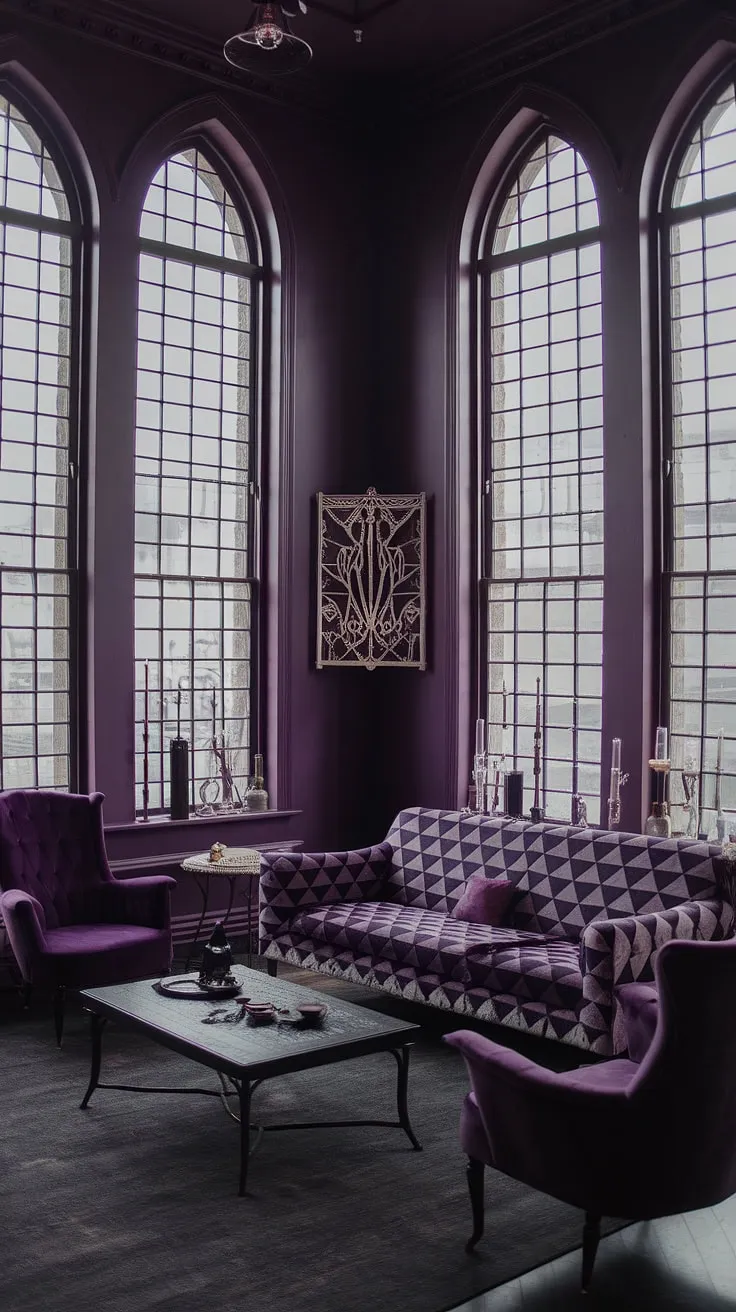 This witchy haven, bathed in the twilight glow of deep purple walls, offers a sanctuary of gothic charm. The patterned sofa and carefully curated décor create a space both stylish and subtly spooky, a testament to the beauty found in embracing the mysterious. A place where shadows dance and imagination takes flight.