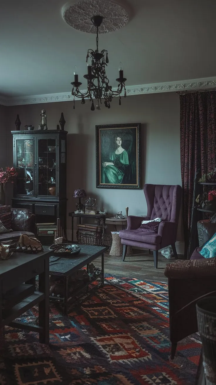 Step into a realm of shadows and secrets, where antique wood whispers forgotten tales and a mysterious portrait watches from the wall. The air hangs heavy with the scent of aged magic, a perfect sanctuary for a modern witch.