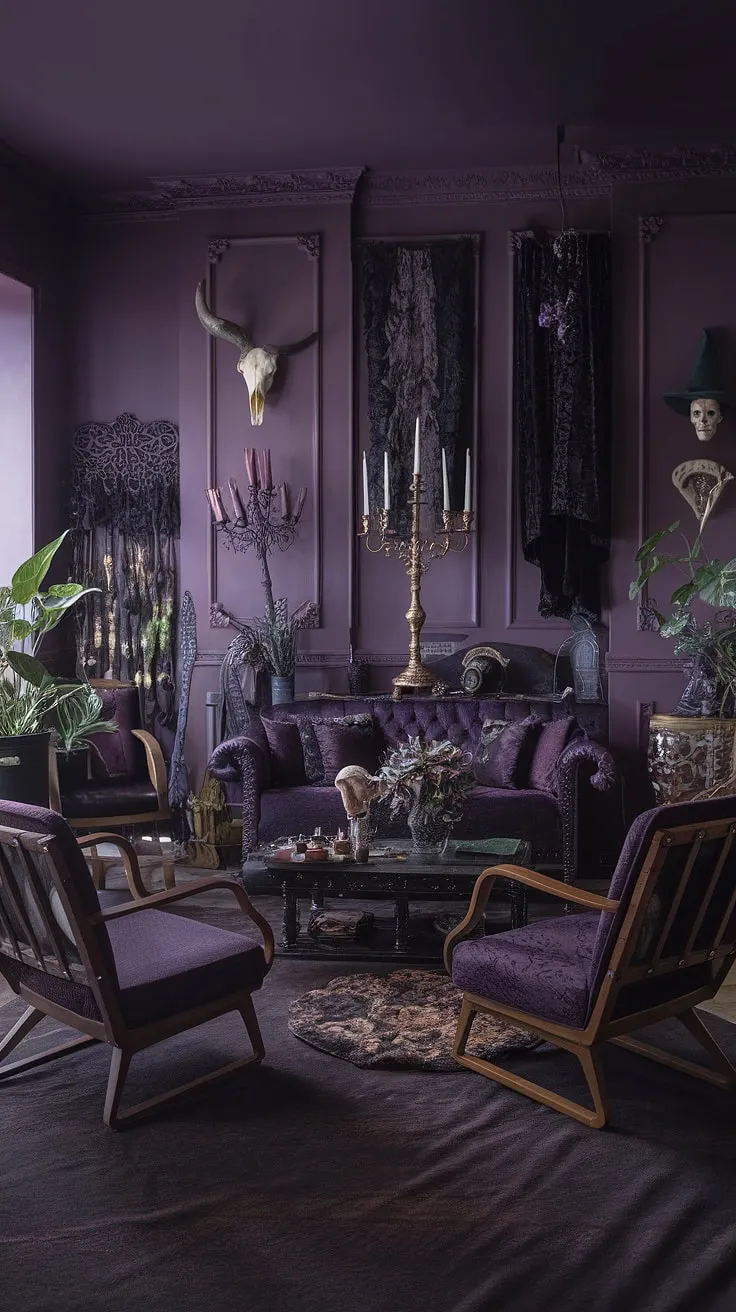 Deep purple walls embrace a sanctuary of shadows and secrets. A witch's haven, this gothic living room is a testament to the captivating beauty of the macabre. From the ornate candelabra casting dancing light to the subtle presence of a skull, every detail speaks of a mystical world waiting to be explored.
