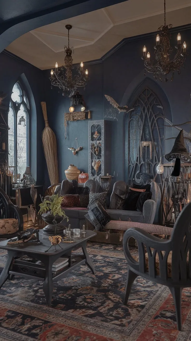 A haven of gothic elegance and witchy charm. Dark, dramatic, and undeniably captivating, this living room is a testament to the power of personal style. From the arched furniture to the strategically placed broomstick, every detail speaks to a unique and spellbinding aesthetic. The air itself seems to hum with ancient energy.