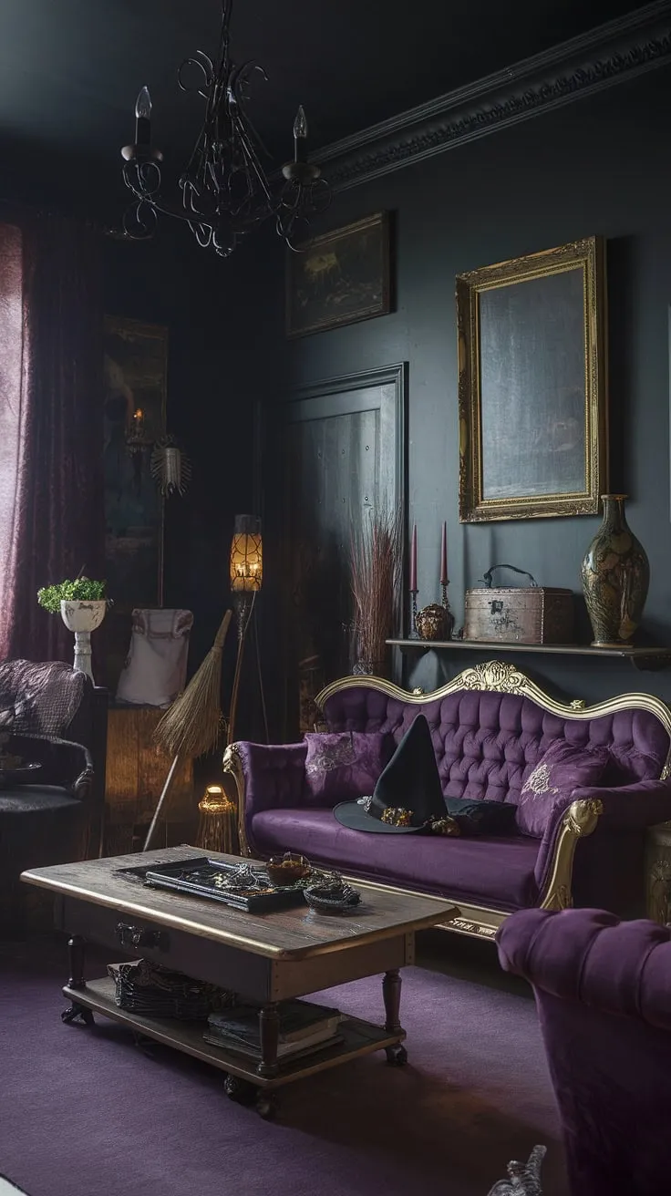 A cauldron of comfort and gothic charm awaits. The velvet embrace of the purple sofa, the gleam of golden accents, and the subtle magic of a witch's hat and broomstick resting on the antique coffee table create an atmosphere of enchanting mystery. This is where spells are cast and stories are spun, a sanctuary of shadows and style.