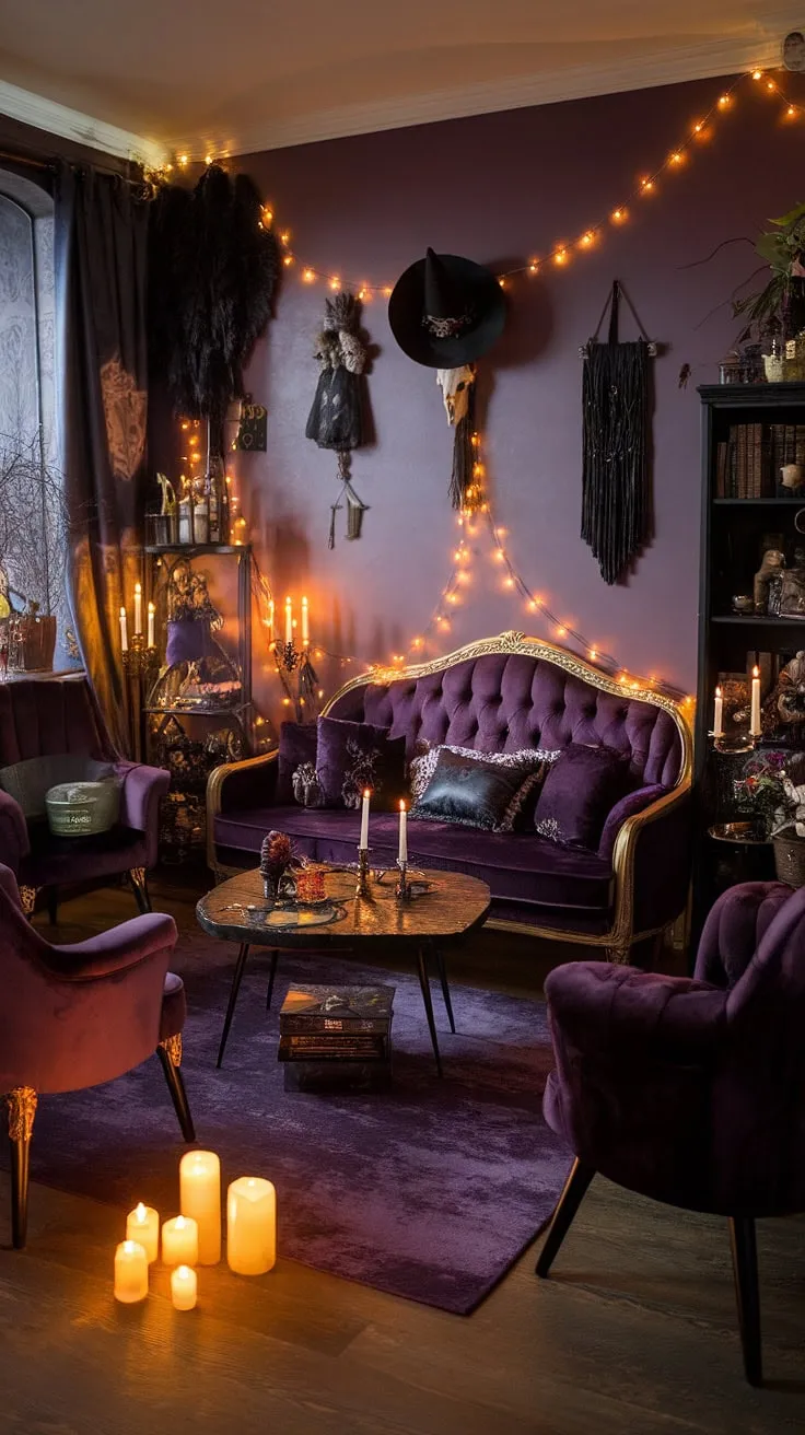 Step into a realm of enchanting shadows and mystical allure. This gothic living room, bathed in candlelight and adorned with witchy artifacts, whispers tales of ancient magic and forgotten lore. The deep purple velvet couch, a throne fit for a queen of the night, invites you to sink into its embrace and let the mysteries unfold. A perfect sanctuary for those who dare to embrace the darkness.