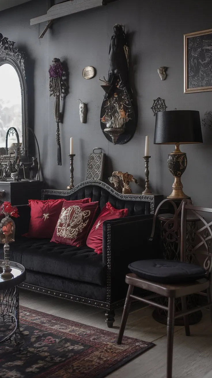 This gothic living room whispers tales of forgotten lore. Rich textures and deep hues create an atmosphere of mystery and intrigue, a place where the veil between worlds feels thin. The air crackles with unseen energy, a testament to the power held within this enchanting space. A sanctuary for the soul.