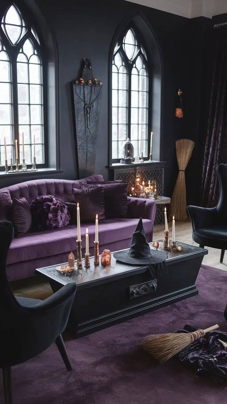 Step into a realm of enchanting shadows and spellbinding comfort. This gothic living room, with its deep purple hues, coffin coffee table, and witchy accessories, offers a sanctuary for the soul. The air is thick with mystery, inviting you to linger and let your imagination run wild.