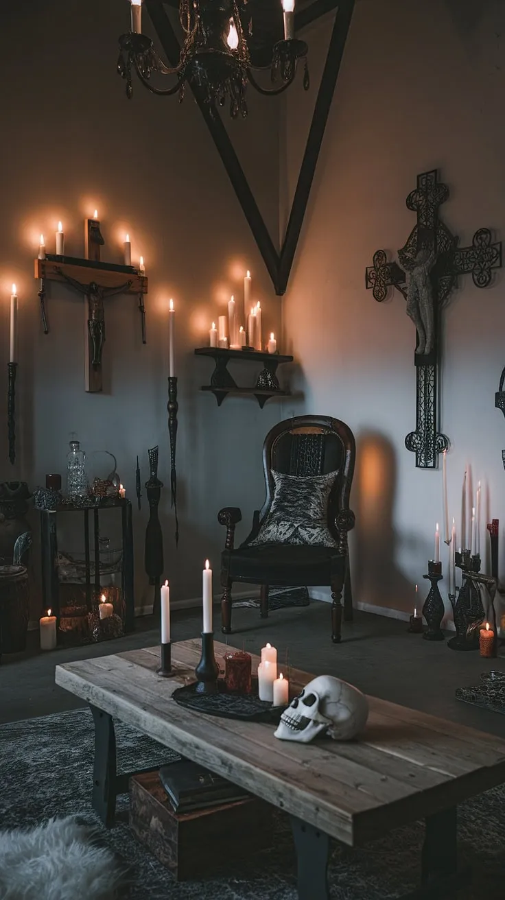 The flickering candlelight dances across the aged wood, casting long shadows in this gothic sanctuary. A skull rests silently on the table, a stark reminder of life's fleeting nature, while the air hangs heavy with the scent of incense and mystery. The high ceiling amplifies the sense of ancient power, a space where secrets are whispered and magic thrives. A perfect setting for contemplation, or perhaps, a spell.