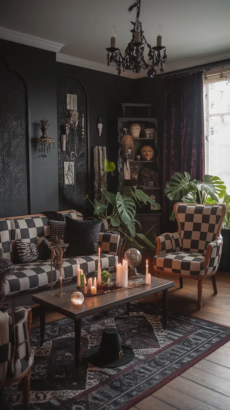 Step into a realm where shadows dance and magic whispers. This gothic sanctuary, adorned with checkered seating and mystical artifacts, invites you to unwind amidst the enchanting glow of candlelight. A crystal ball rests patiently, awaiting your gaze, while a witch's hat hints at the mysteries held within these walls.