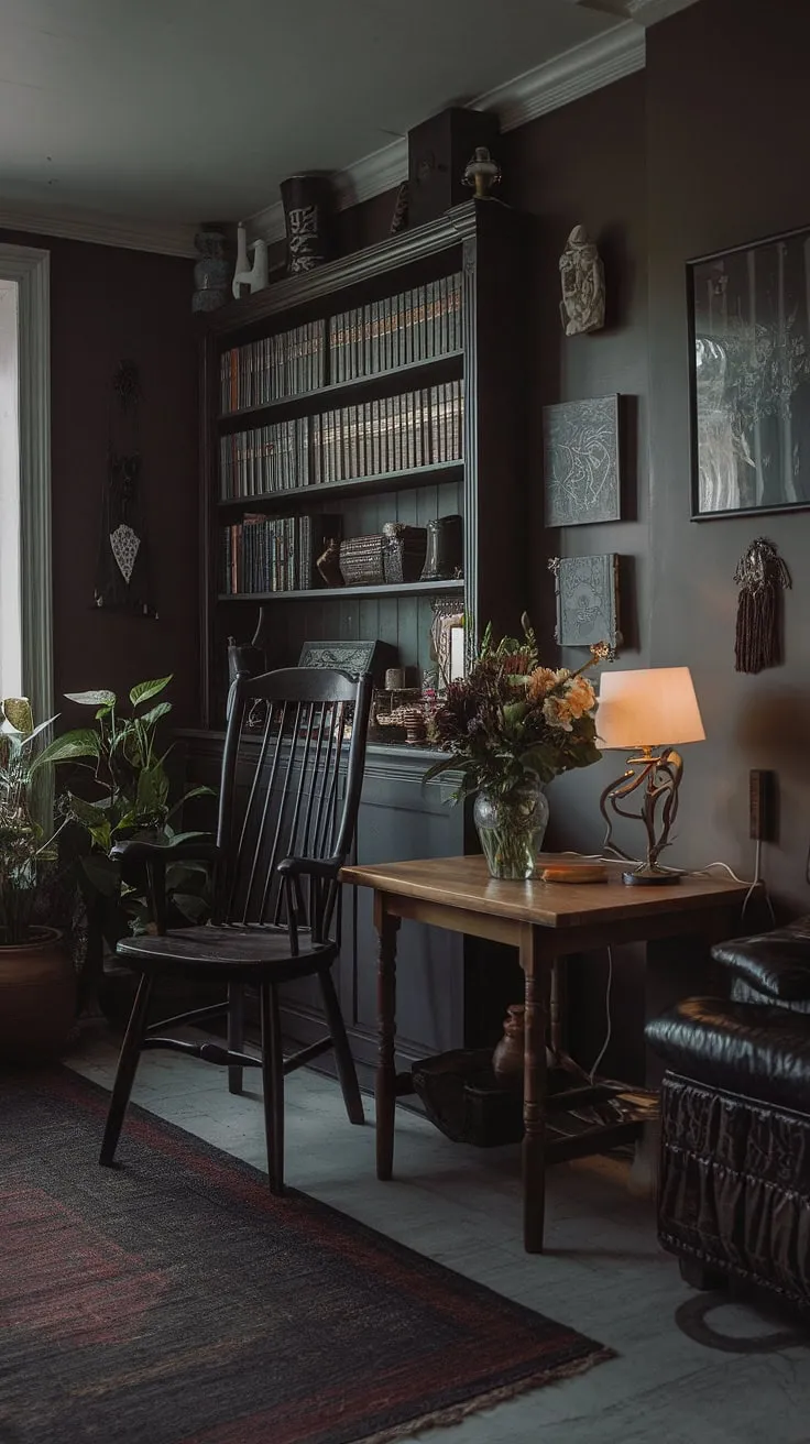 Step into a sanctuary of shadows and secrets, where the air hums with ancient magic and the whispers of forgotten lore. A dimly lit corner holds a vase of defiant blooms, a testament to life's persistence even in the deepest gloom. A comfortable chair awaits, inviting you to lose yourself in the pages of arcane texts lining the shelves.