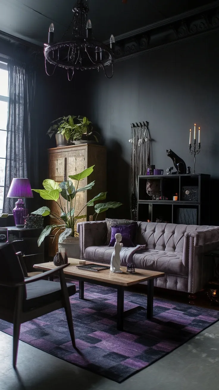 Dark walls, high ceilings, and a touch of magic. This gothic living room, with its moody ambiance and witchy details, is a sanctuary of style and mystery. The purple accents and flickering candlelight create an atmosphere of enchanting comfort.