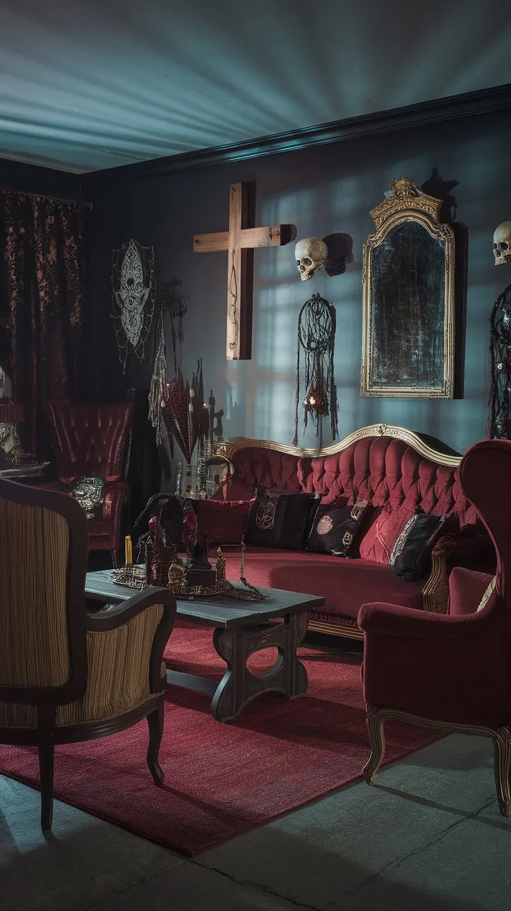 Crimson velvet whispers against aged wood, a symphony of darkness and decadence. This gothic haven, adorned with antique treasures and a touch of the macabre, invites you to linger in its captivating embrace. A space where shadows play and stories unfold.