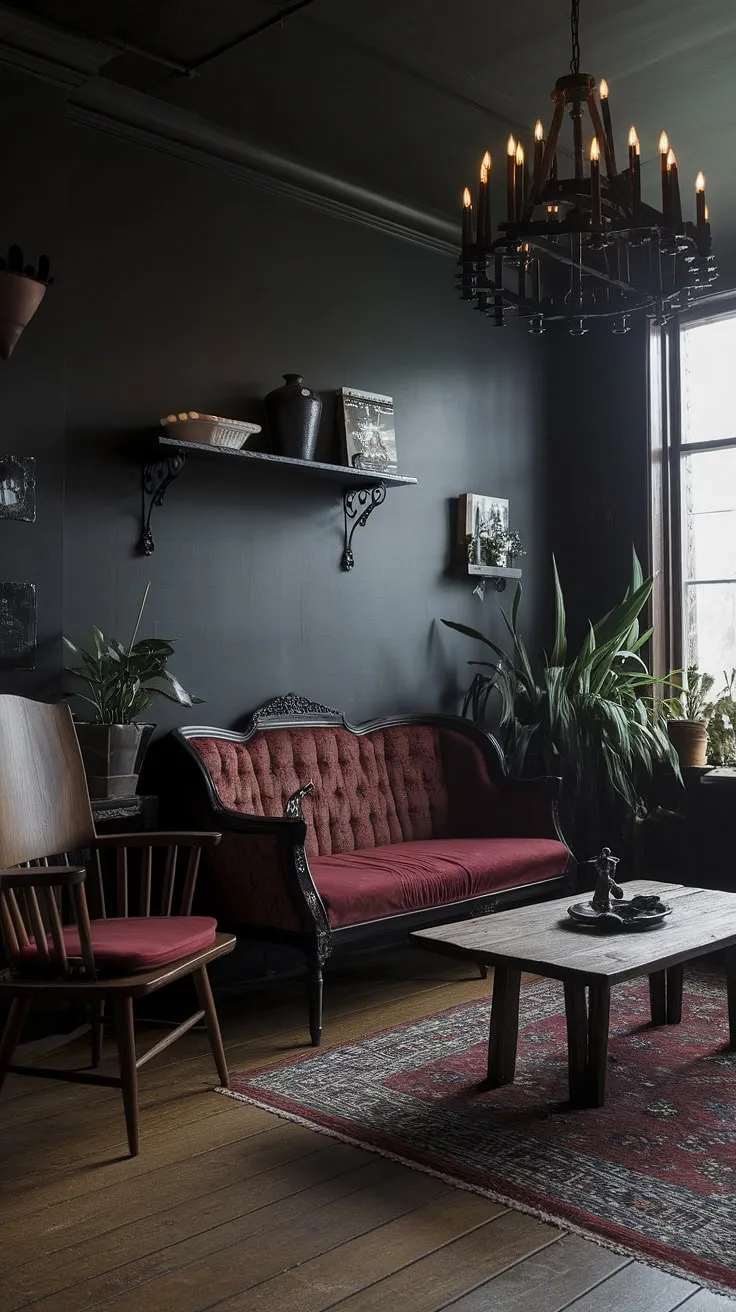 The air hangs heavy with the scent of woodsmoke and mystery in this dimly lit gothic living room. A brooding elegance pervades the space, enhanced by the dramatic chandelier and rich textures. A place of quiet power, where the ordinary fades and the extraordinary begins. A sanctuary for the heart and mind.