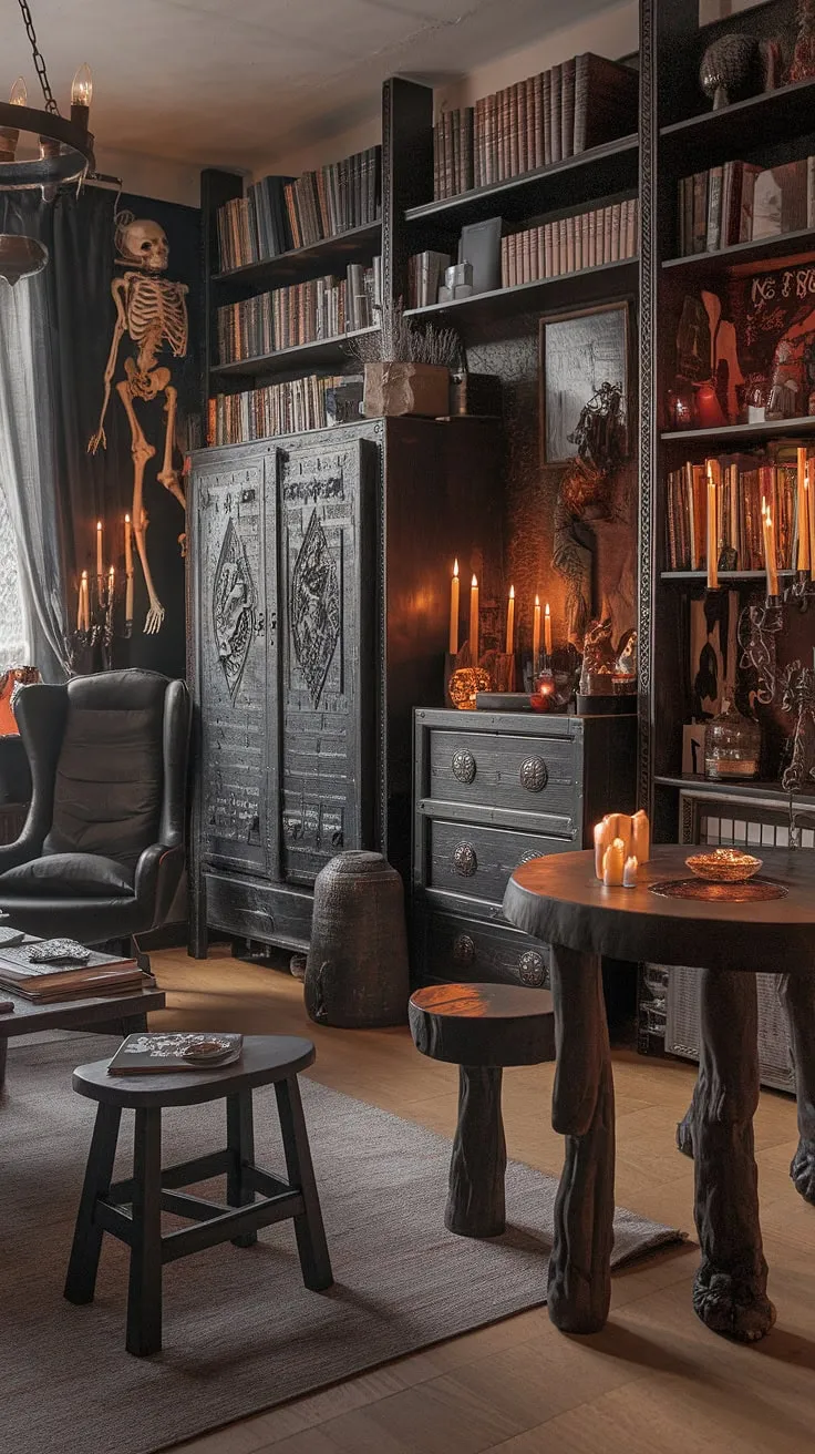 This gothic sanctuary, steeped in history and mystery, whispers tales of forgotten magic. The flickering candlelight dances across dark wood and ancient tomes, illuminating a space where shadows hold secrets and the air crackles with unseen energy. A comfortable yet unsettling atmosphere, perfect for brewing potions or conjuring spells.