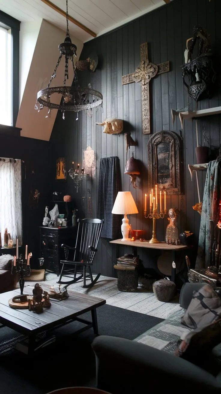 The flickering candlelight casts long shadows across the dark wood paneling, illuminating a collection of mystical artifacts. This gothic living room, a haven for the soul, is a testament to the beauty found in embracing the darker side. The antique rocking chair beckons you to relax and let the enchanting atmosphere wash over you. A space where the past meets the present, and magic thrives.