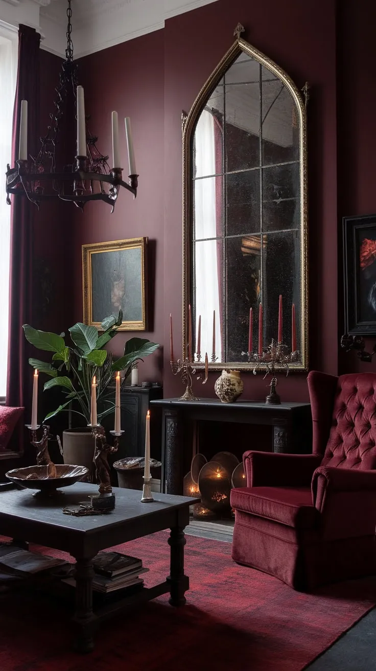 The shadows dance in this opulent gothic sanctuary. A rich tapestry of textures and tones, from the deep red rug to the ornate mirror, creates an atmosphere of captivating mystery and undeniable allure.