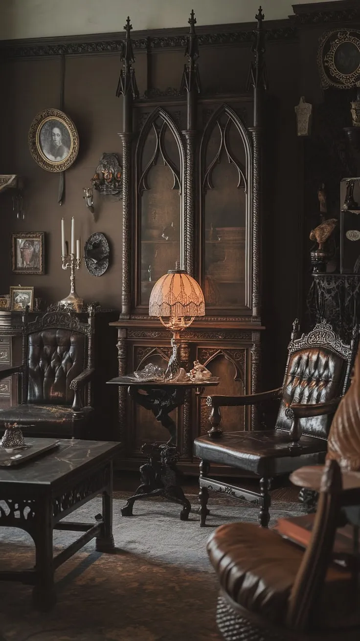 A sanctuary of shadows and style, this gothic living room invites you to lose yourself in its captivating ambiance. The intricately detailed cabinet and comfortable chair beckon you to relax, while the soft glow of the lamp casts a warm light on the surrounding darkness. A space where history and modern comfort intertwine.