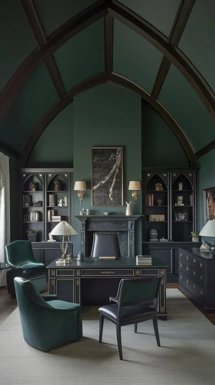 The flickering fireplace casts dancing shadows across the dark green walls of my gothic office. A perfect blend of comfort and sophistication, this space is where creativity ignites. A sanctuary for focused work, a refuge from the outside world, a place where ideas take flight.