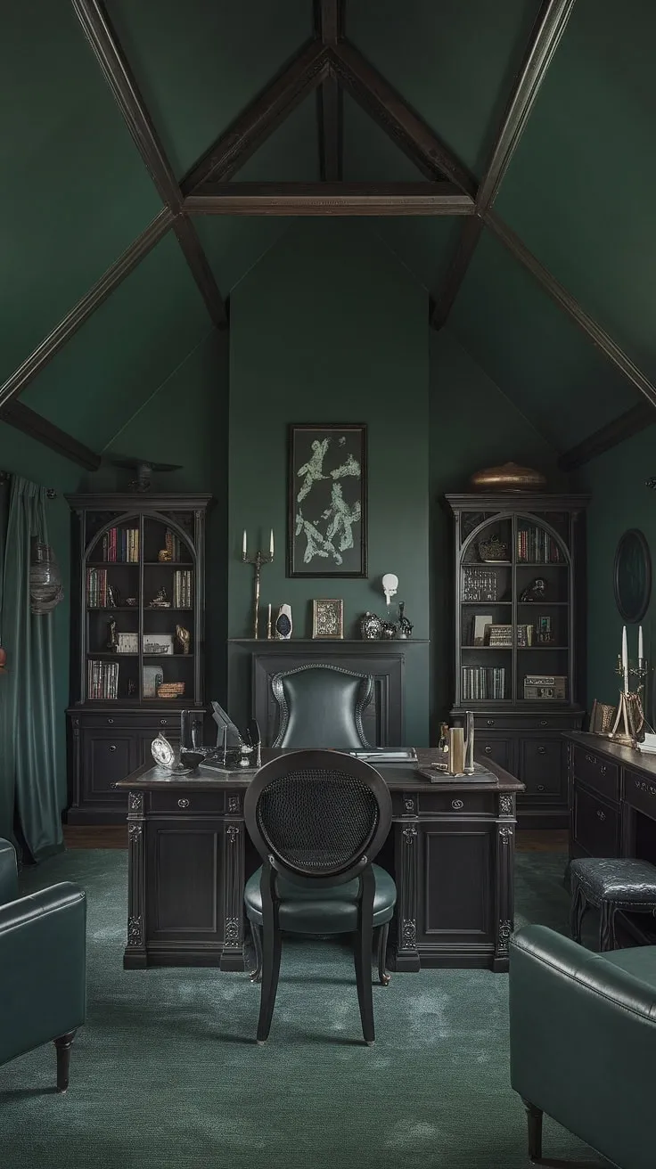 Lost in the pages of history, this dark green gothic office whispers tales of forgotten empires. The crackling fireplace casts dancing shadows, a perfect sanctuary for contemplation and creative pursuits. A haven of quiet intensity, it's a space where inspiration thrives. A place where the past meets the present, and the magic of creation unfolds.