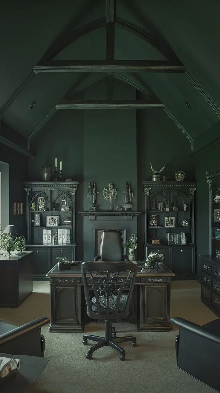 This dimly lit sanctuary, painted in deep greens and shadowed by a vaulted ceiling, is more than just an office; it's a creative haven. The antique furniture and comforting fireplace inspire a sense of timeless elegance, the perfect setting to cultivate a brilliant idea.