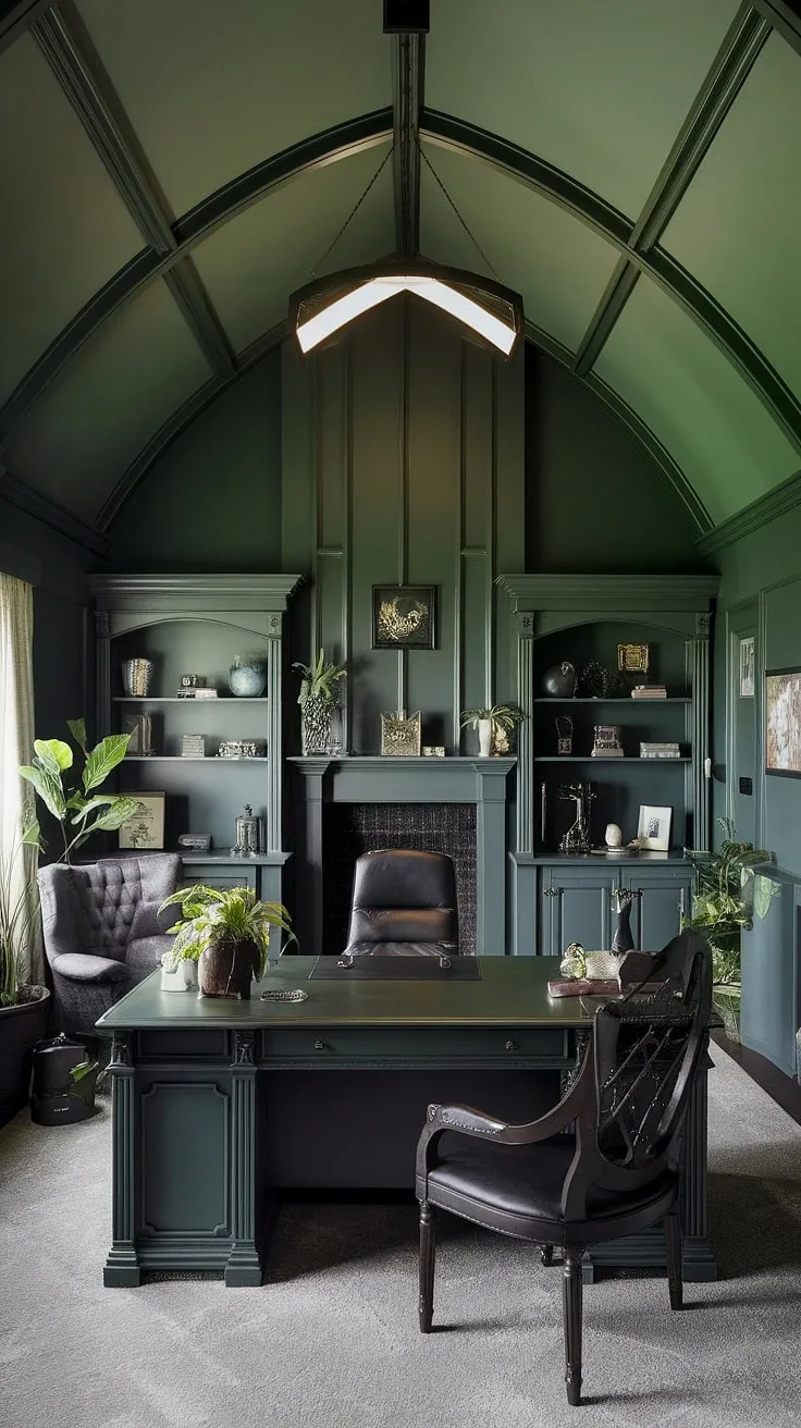 Escape the ordinary in this exquisitely appointed gothic office. Dark green walls and a vaulted ceiling enhance the dramatic ambiance, while the carefully curated personal items and lush plants add a touch of warmth. A haven for focused work and quiet contemplation, complete with a comforting fireplace.