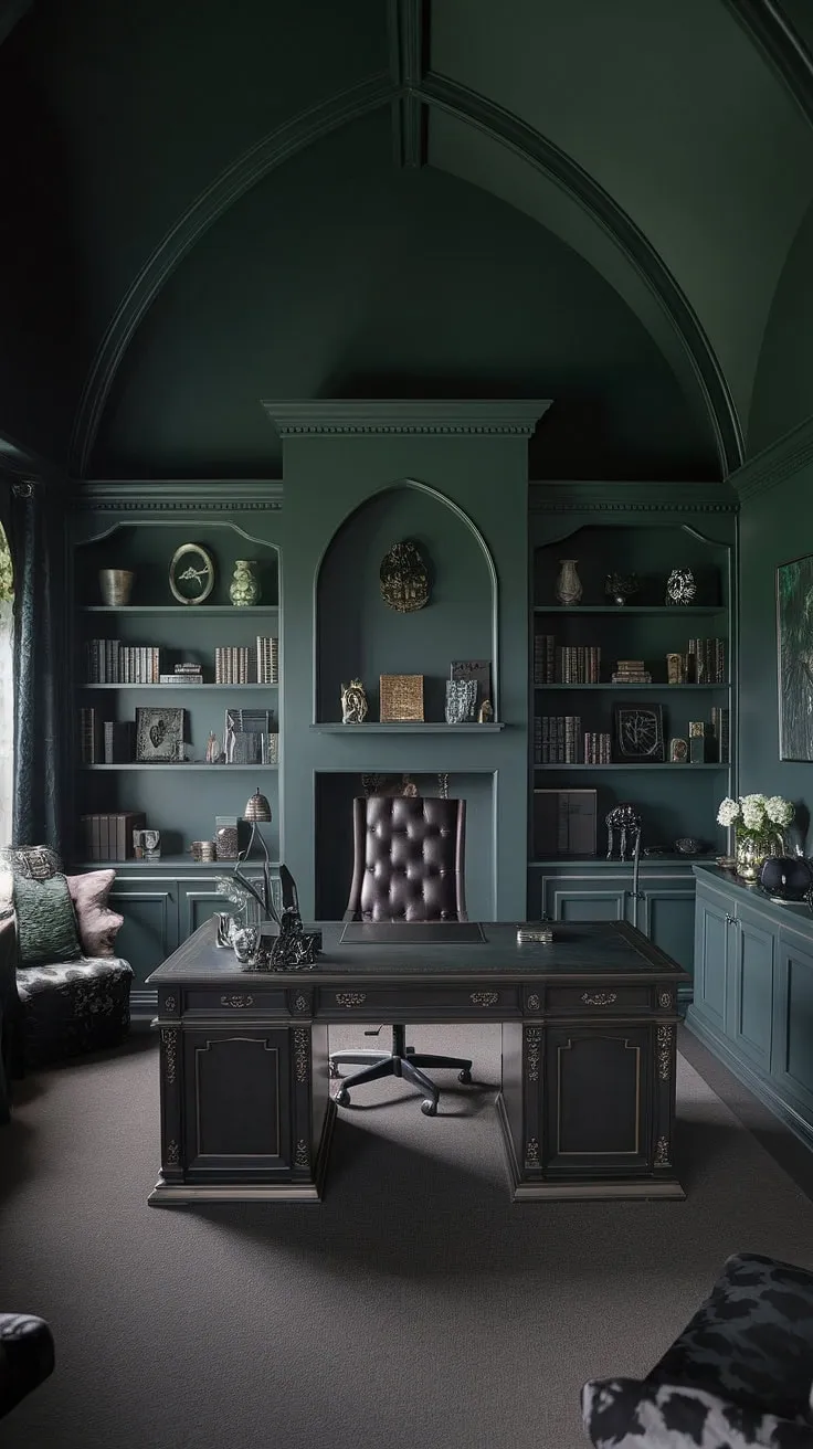 This darkly elegant office, painted in a rich, brooding green, is a testament to the power of atmosphere. The vaulted ceiling and dark wood furnishings create a space both inspiring and intensely private. A place where ideas take shape, fueled by the warmth of the fireplace and the quiet intensity of the surroundings. A workspace designed for deep thought and focused work.
