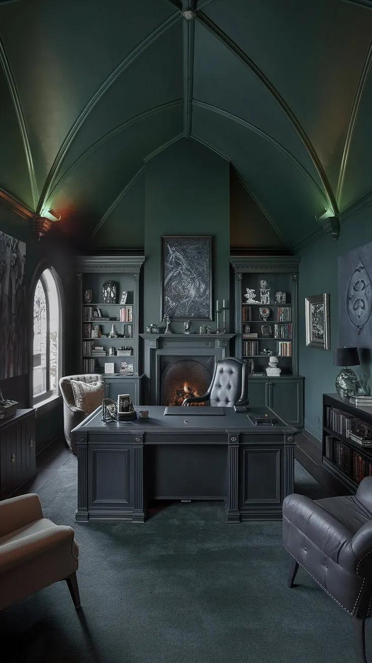 The rich, dark green hues of this office envelop me in an atmosphere of focused creativity. A space designed for deep work and quiet contemplation, the vaulted ceiling and antique furnishings create a sense of timeless grandeur. A place where ideas take shape, and the weight of the world melts away in the comforting warmth of the fireplace. A truly inspiring workspace.