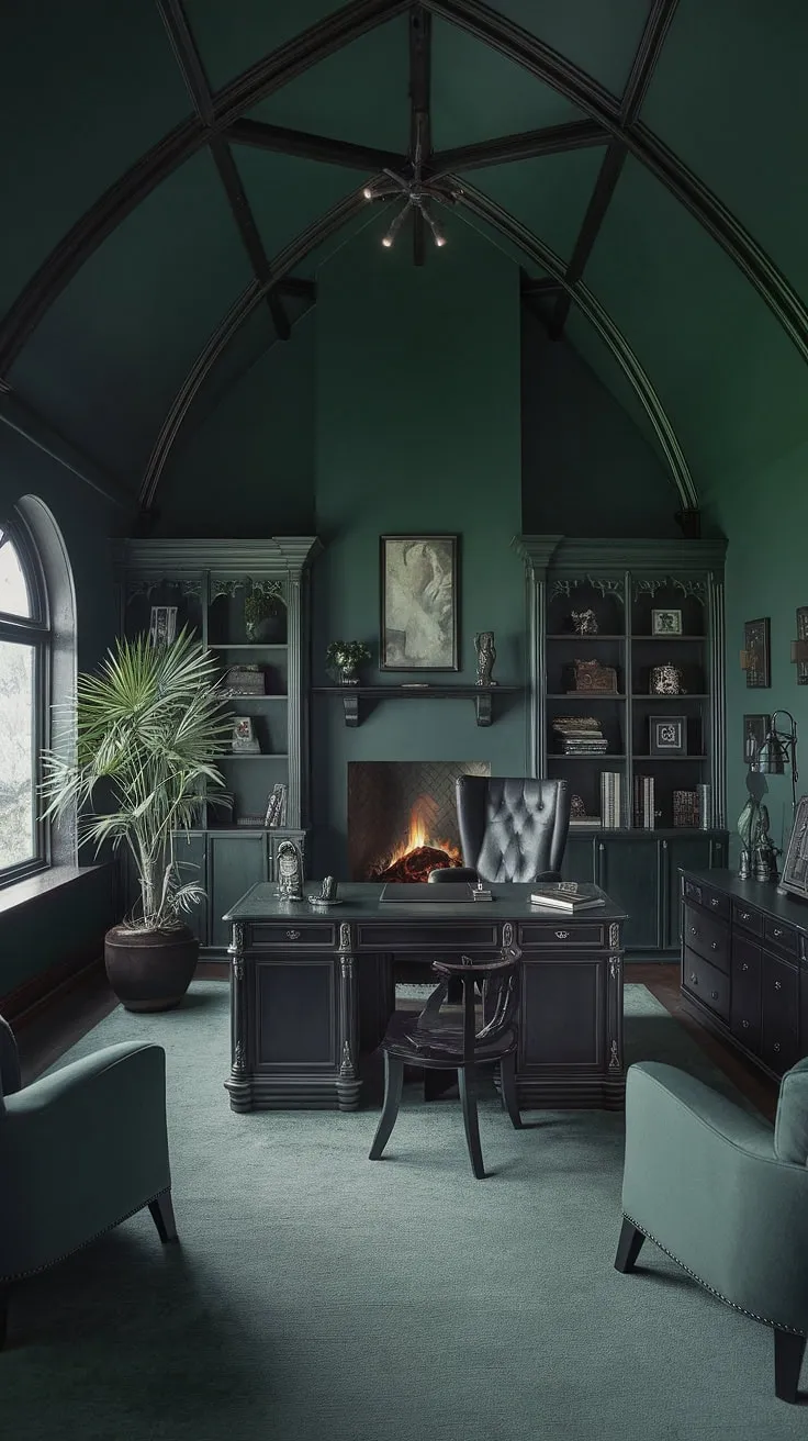 The brooding beauty of this gothic-inspired office whispers tales of creativity and ambition. Dark green walls, a majestic fireplace, and the comforting glow of soft lighting combine to form a workspace that's both inspiring and intensely private. A quiet power emanates from this sanctuary, a place where focus reigns supreme.