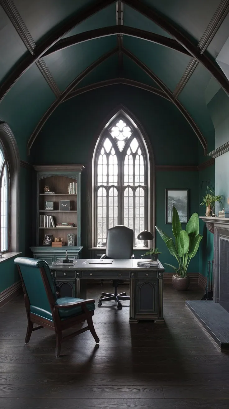 Within these dark green walls, where history whispers and shadows dance, lies a haven of creativity. The gothic architecture, the warmth of the fireplace, and the comforting presence of a inspire a sense of timeless elegance and focused productivity.