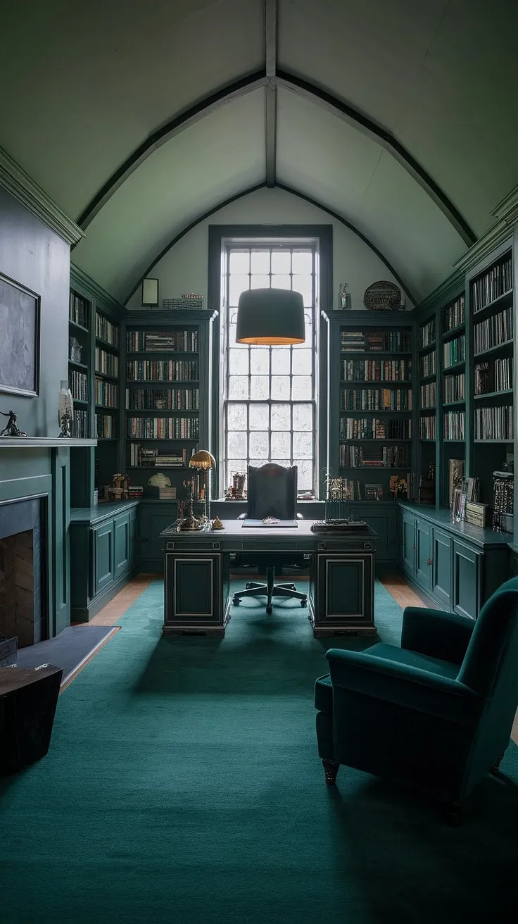 Lost in the pages of a thousand stories, surrounded by the comforting shadows of my emerald sanctuary. The quiet hum of creativity fills this gothic haven, a space where inspiration thrives amidst the deep green hues and the comforting weight of history. A perfect blend of comfort and intrigue.