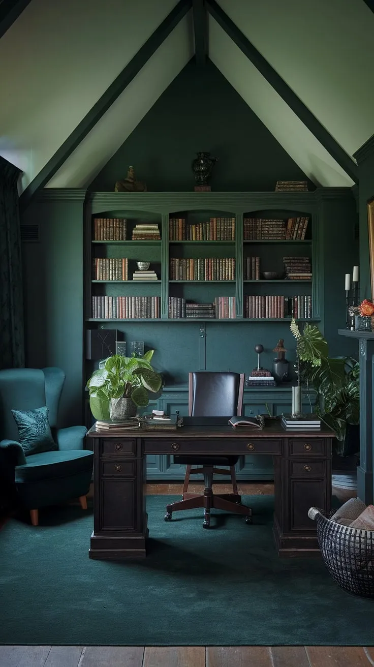 My dark academia dream office is finally complete. A haven of dark green walls, vaulted ceilings, and countless books. A place where I can lose myself in the world of stories and ideas. A sanctuary for the soul, a workspace for the mind. A perfect blend of comfort and gothic elegance.
