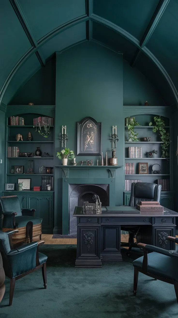 Lost in the pages of history, yet perfectly present. This gothic office, with its dark green hues and vaulted ceiling, offers a sanctuary of focused creativity. The crackling fireplace, the comforting weight of aged books, and the quiet hum of productivity create an atmosphere where inspiration thrives. A haven for the mind, a workspace for the soul, a testament to the enduring power of A thoughtful design.