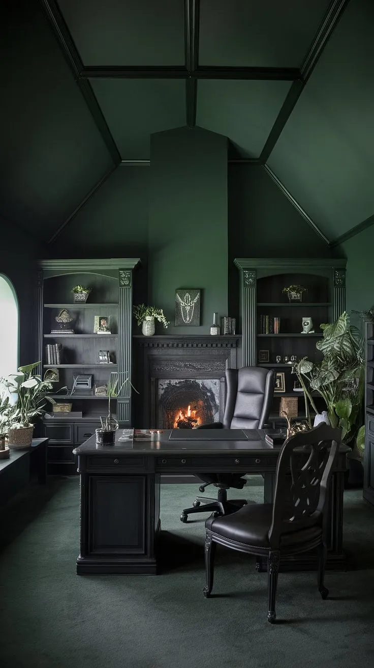 Lost in the captivating shadows of this gothic office, where the soft light dances across dark wood and the crackling fireplace whispers secrets. A sanctuary of productivity, a haven of inspiration, a space where creativity thrives. A perfect blend of brooding elegance and cozy comfort.