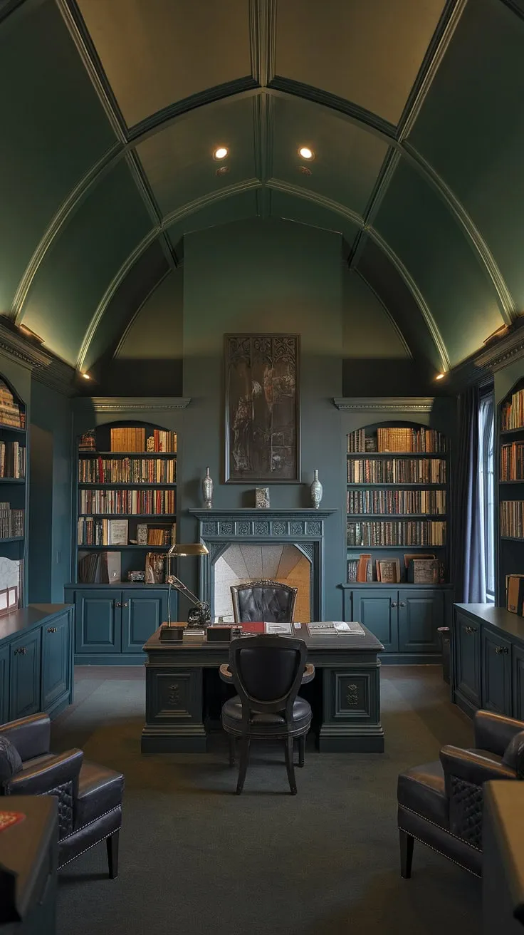 The rich, dark green walls whisper secrets, while the vaulted ceiling stretches towards inspiration. This gothic office, complete with a cozy fireplace and overflowing bookshelves, is more than just a workspace; it's a sanctuary. A A place where ambition meets comfort.