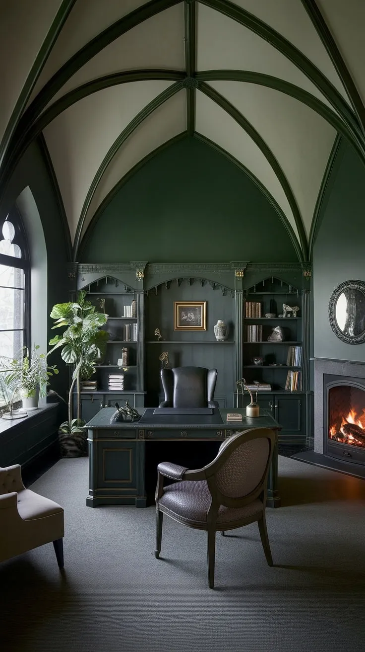 A sanctuary of shadows and sophistication. This gothic-inspired office, bathed in a moody green light, invites deep work and inspired thought. The rich wood furnishings, vaulted ceiling, and comforting fireplace create a space both grand and intimate. A study in contrasts, A testament to personal style, A truly unique workspace.
