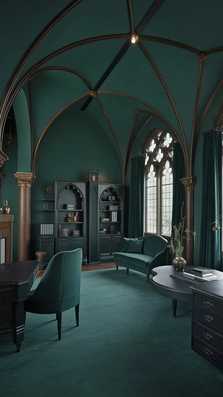 This darkly romantic office, bathed in the deep green glow of twilight, offers a sanctuary for the soul. The architectural details and luxurious furnishings create an atmosphere of sophisticated comfort, a place where a productive day melts seamlessly into a peaceful evening. The subtle lighting enhances the room's mysterious allure.
