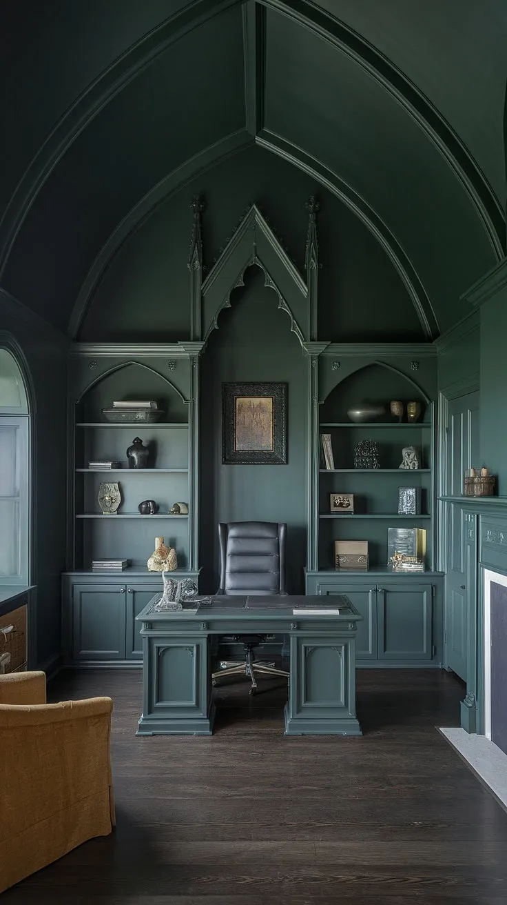 Lost in the captivating depths of this gothic-inspired sanctuary, where the rich, dark green walls whisper tales of old, and the crackling fireplace casts a warm glow upon the aged wood and leather. A haven for contemplation and creative pursuits, this space is a testament to the enduring allure of gothic design. A perfect blend of comfort and mystery, it's a place where inspiration thrives.