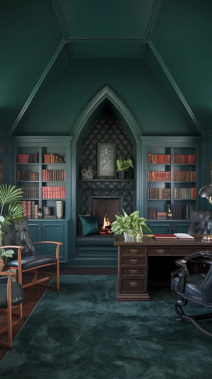 Lose yourself in the pages of a thousand stories within this atmospheric gothic office. The dark green hues, towering bookshelves, and inviting fireplace nook offer a sanctuary of quiet productivity and intellectual pursuit. A space designed for both focused work and peaceful reflection.