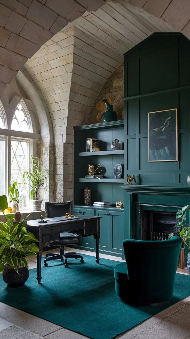 Lost in the captivating embrace of this dark green gothic study. The towering stone walls and vaulted ceiling create a dramatic backdrop for focused work, while the plush seating and warm fireplace offer moments of respite. A haven of sophisticated solitude, where imagination takes flight.