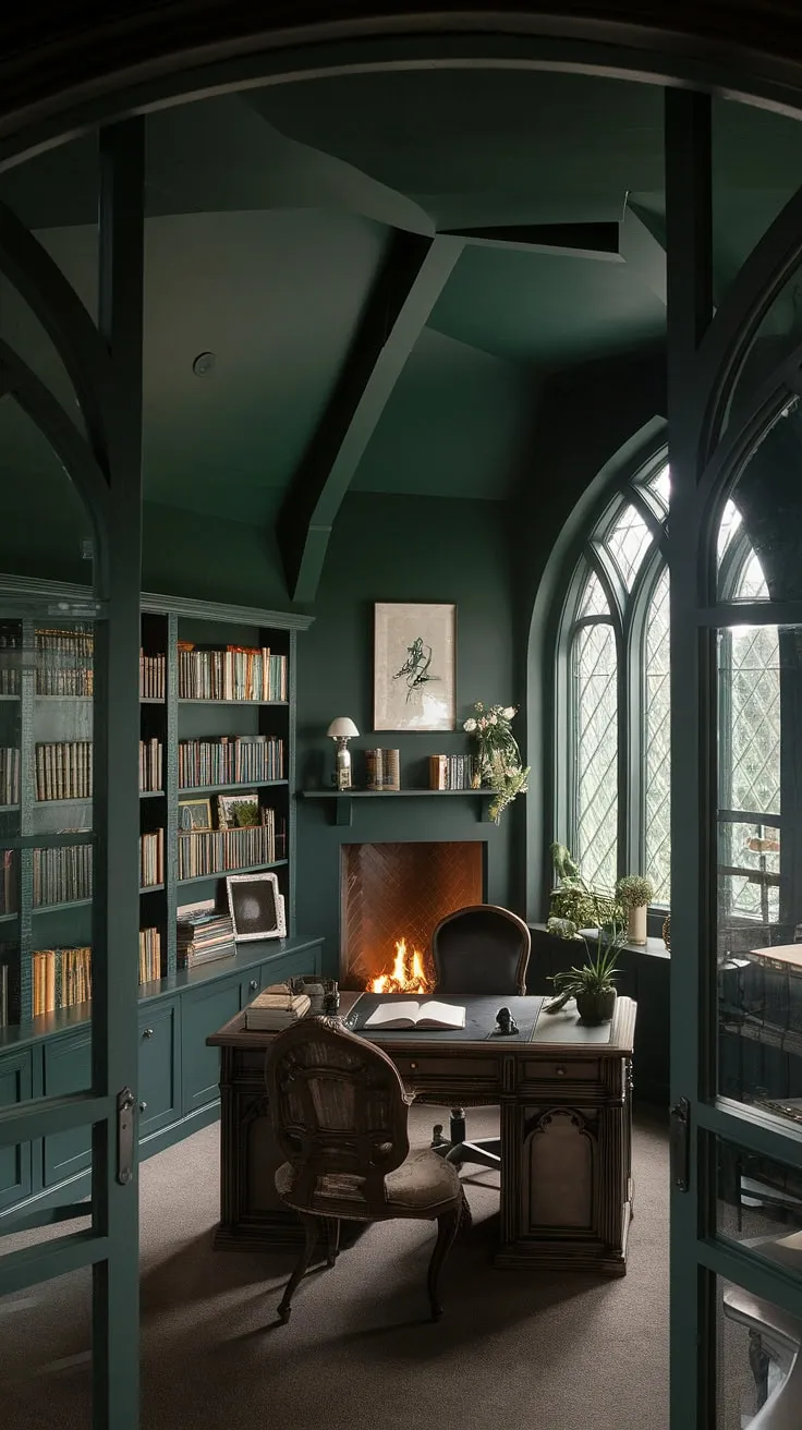 Lost in the pages of history, within these dark green walls, a sanctuary of thought and creation unfolds. The crackling fireplace casts dancing shadows, illuminating the aged wood and whispering secrets only the bookshelves know. A haven for the mind, where inspiration thrives in the quiet solitude.