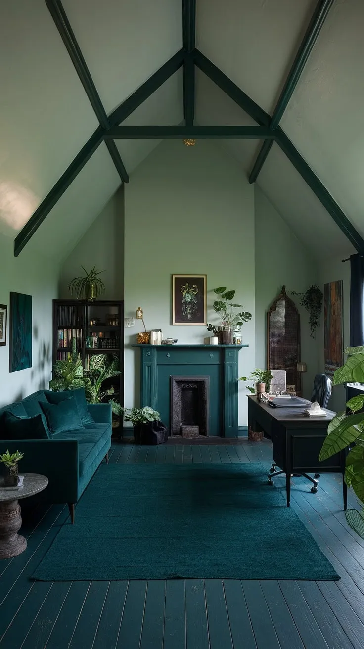 This dark green haven, a sanctuary for focused work and quiet contemplation, is where ideas take shape. The gothic architecture and rich textures create an atmosphere of both elegance and mystery, a space perfectly suited for a deep work and artistic inspiration.