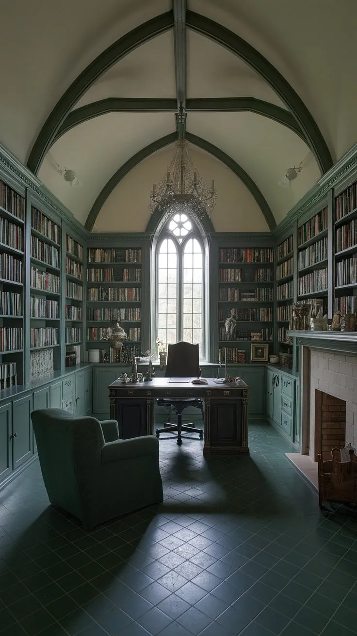 Lost in the pages of history, surrounded by the comforting weight of knowledge and the gentle crackle of the fireplace. This emerald sanctuary, a haven of deep green hues and gothic charm, is where ideas take flight. A perfect blend of old-world elegance and modern comfort, it's the ideal space for contemplation and creation. The vaulted ceiling, the rich wood, the carefully curated books – every detail whispers of a life well-lived.
