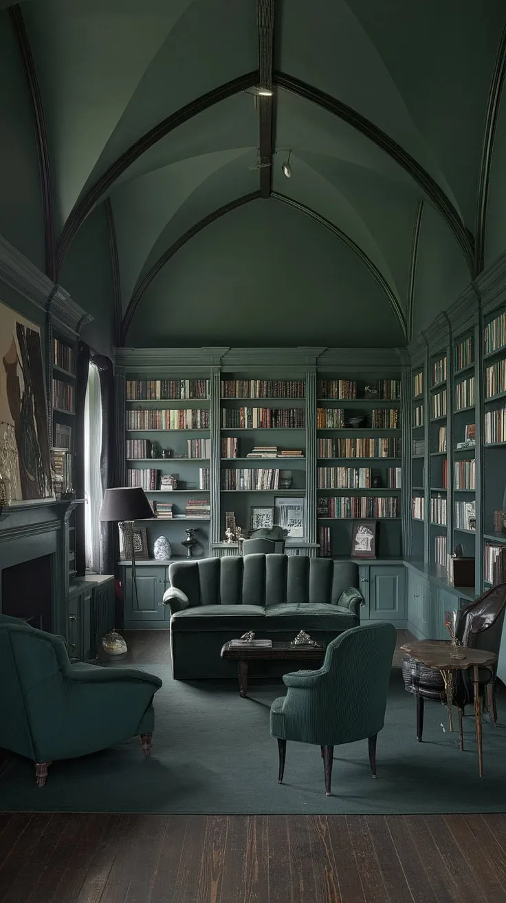 A sanctuary of dark elegance. This gothic study, bathed in a calming green light, is where ideas take flight. The towering bookshelves, plush seating, and warm fireplace offer a haven for focused work and inspired dreaming. A space designed for both productivity and peaceful escape.