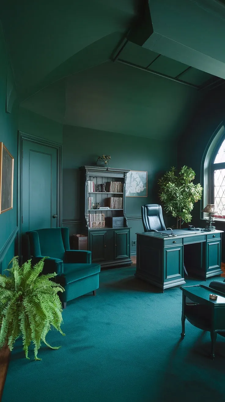This dark green haven, with its vaulted ceiling and antique wood, isn't just an office; it's a sanctuary for creativity. The soft light and plush armchair invite contemplation, while the organized shelves whisper tales of past projects and future ambitions.