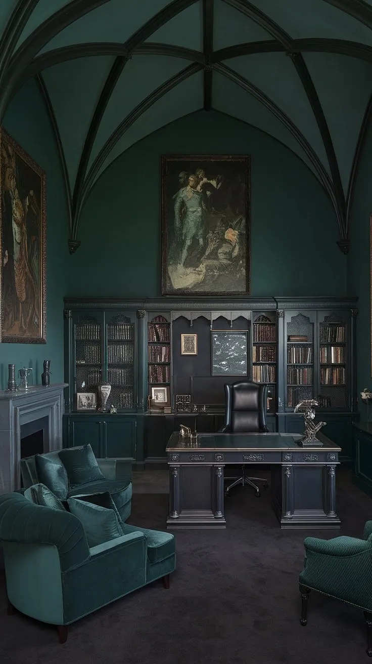 Lost in the captivating shadows of this gothic study, where history whispers from the walls and the fire crackles a comforting rhythm. The deep green hues and antique furnishings create an atmosphere of focused contemplation, a sanctuary for the mind. A perfect space for crafting narratives, A haven for creative pursuits, A realm of intellectual exploration.