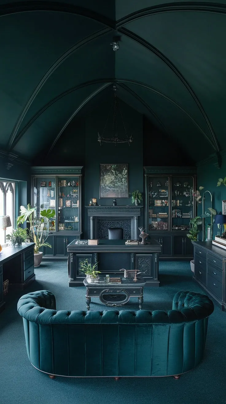 Escape the mundane in this darkly elegant office, where rich, dark green walls and a cozy fireplace create an atmosphere of focused creativity. The gothic-inspired architecture and plush velvet seating offer a sanctuary for inspired work and quiet contemplation. A truly unique space.