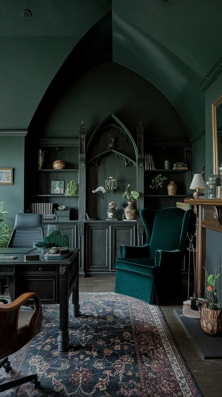 Lost in the pages of a gothic novel, the fire crackles softly, casting dancing shadows on the dark green walls. This sanctuary, my office, is where creativity thrives amidst the comforting gloom. A perfect blend of old-world charm and modern inspiration, it's a space designed for deep work and quiet contemplation. The rich textures and deep hues create an atmosphere of focused intensity, a haven for the mind.