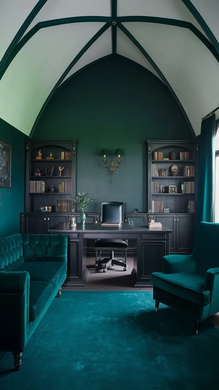 A study in emerald: Dark wood, velvet, and the hushed grandeur of a vaulted ceiling combine to form the perfect backdrop for contemplation and work. The moody atmosphere inspires a sense of focused creativity, a sanctuary for the mind.
