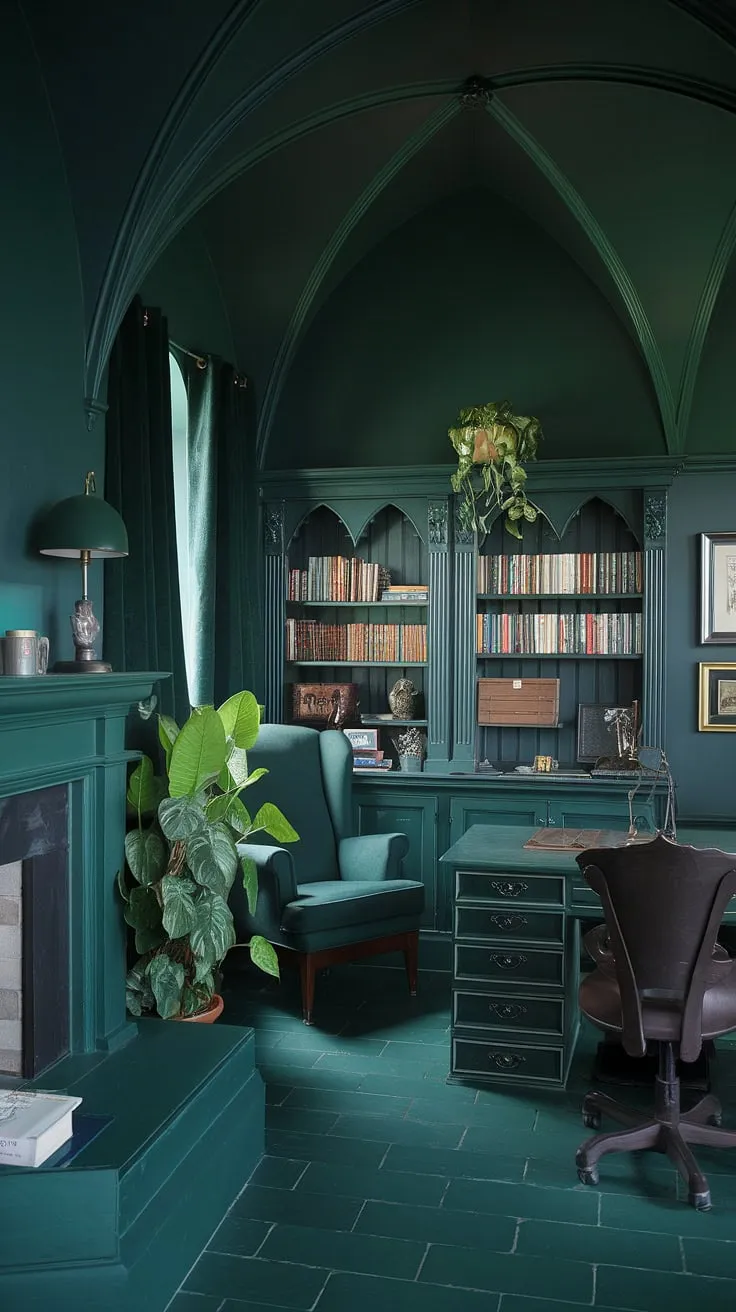 This dark green haven, a sanctuary for the soul, is where the magic happens. A gothic office designed for deep work and quiet contemplation, it's a space where the weight of the world melts away. The rich textures and deep hues create an atmosphere of focused creativity. A place where imagination runs wild.