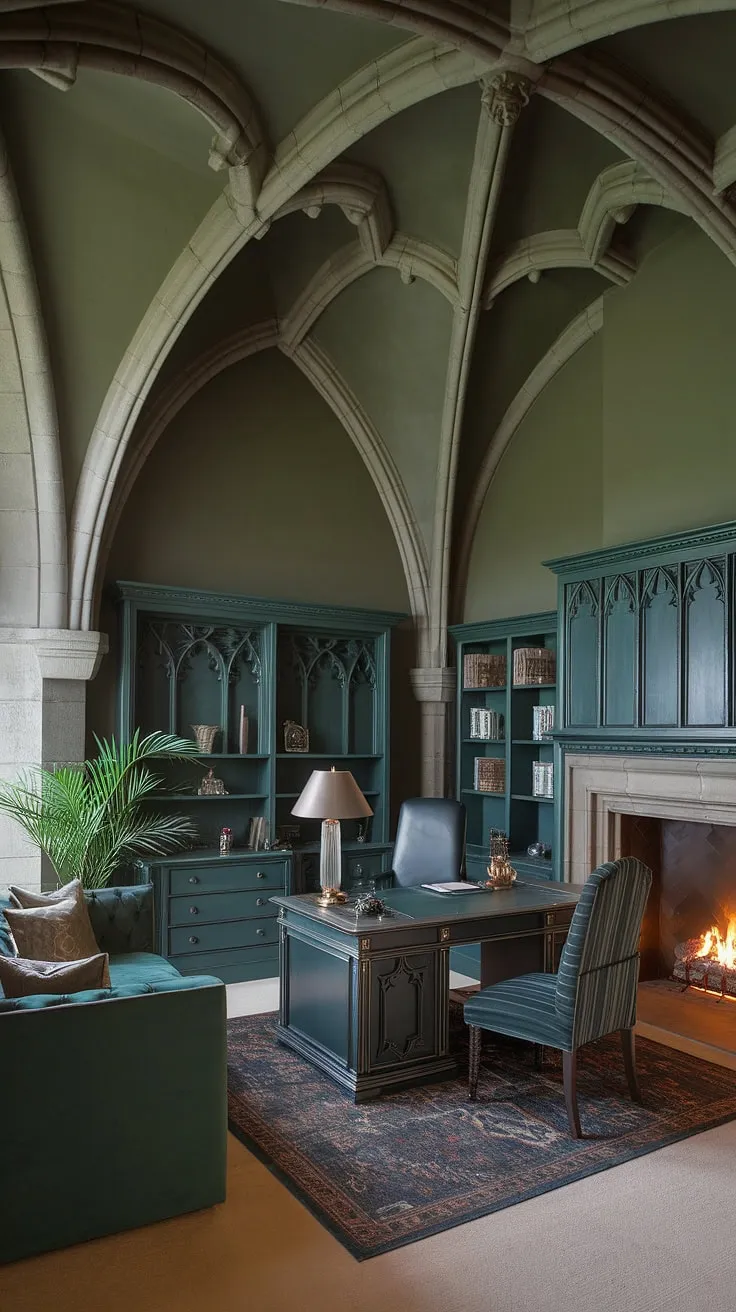 The crackling fireplace casts a warm glow on the richly carved stone walls of this gothic office, a sanctuary of deep green hues and meticulous detail. A haven for contemplation and creative pursuits, it's a space where inspiration thrives, fueled by the quiet elegance of its design. A sense of timeless sophistication permeates every corner.