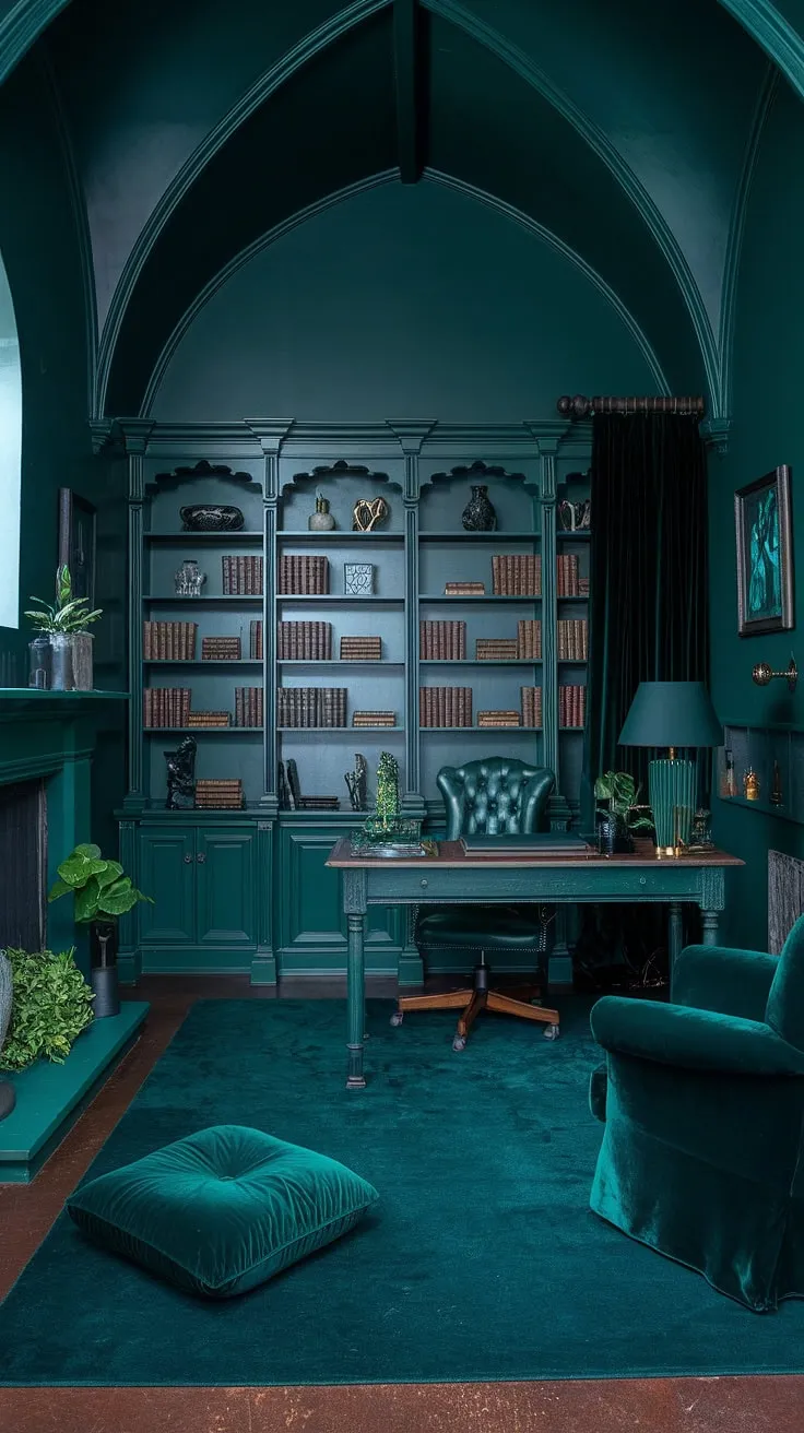 This darkly romantic office, a haven of deep green hues, invites quiet contemplation. The ancient books, the comforting fireplace, and the luxurious textures create a space where creativity thrives, a sanctuary for the soul, a place where inspiration finds its home.