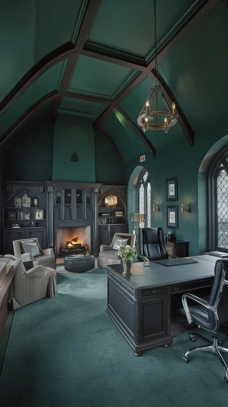 The deep green walls and vaulted ceiling of this gothic office create an atmosphere of both power and intimacy. A place where creativity flourishes amidst the antique wood and flickering firelight. A testament to refined taste and unwavering dedication, this space is more than just an office; it's a statement. A reflection of success built on passion and vision.